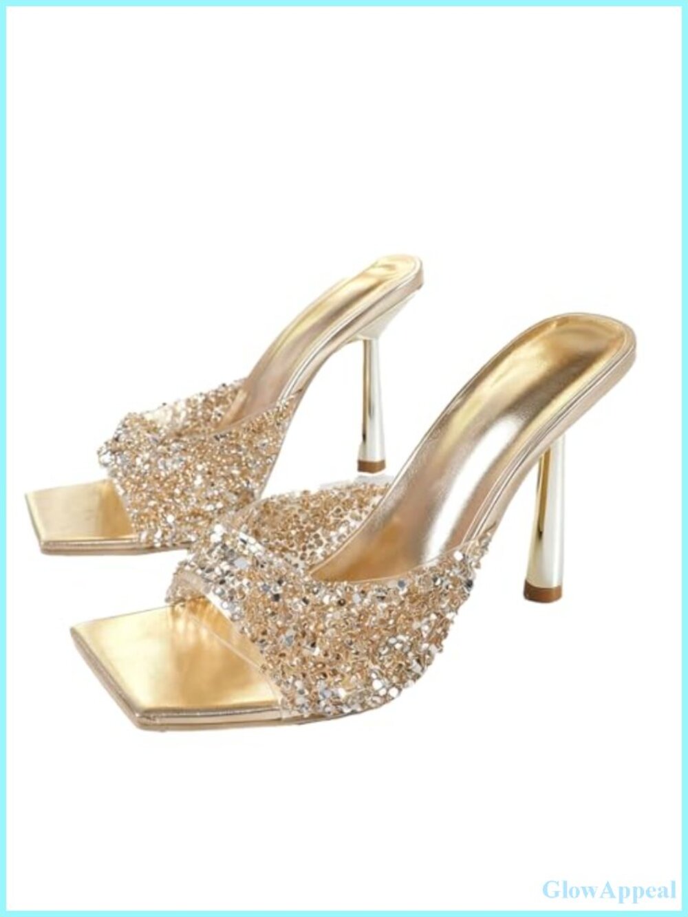 Womens Shiny Rhinestone Stiletto Mules Square Toe Slip On High Heels